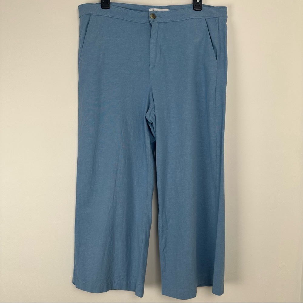 Lila Ryan Women's Pants Size 12 Blue Linen Blend Wide Leg Cropped Lagenlook